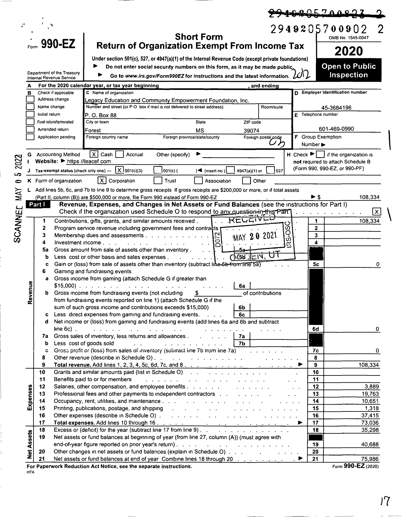 Image of first page of 2020 Form 990EZ for Legacy Education and Community Empowerment Foundation