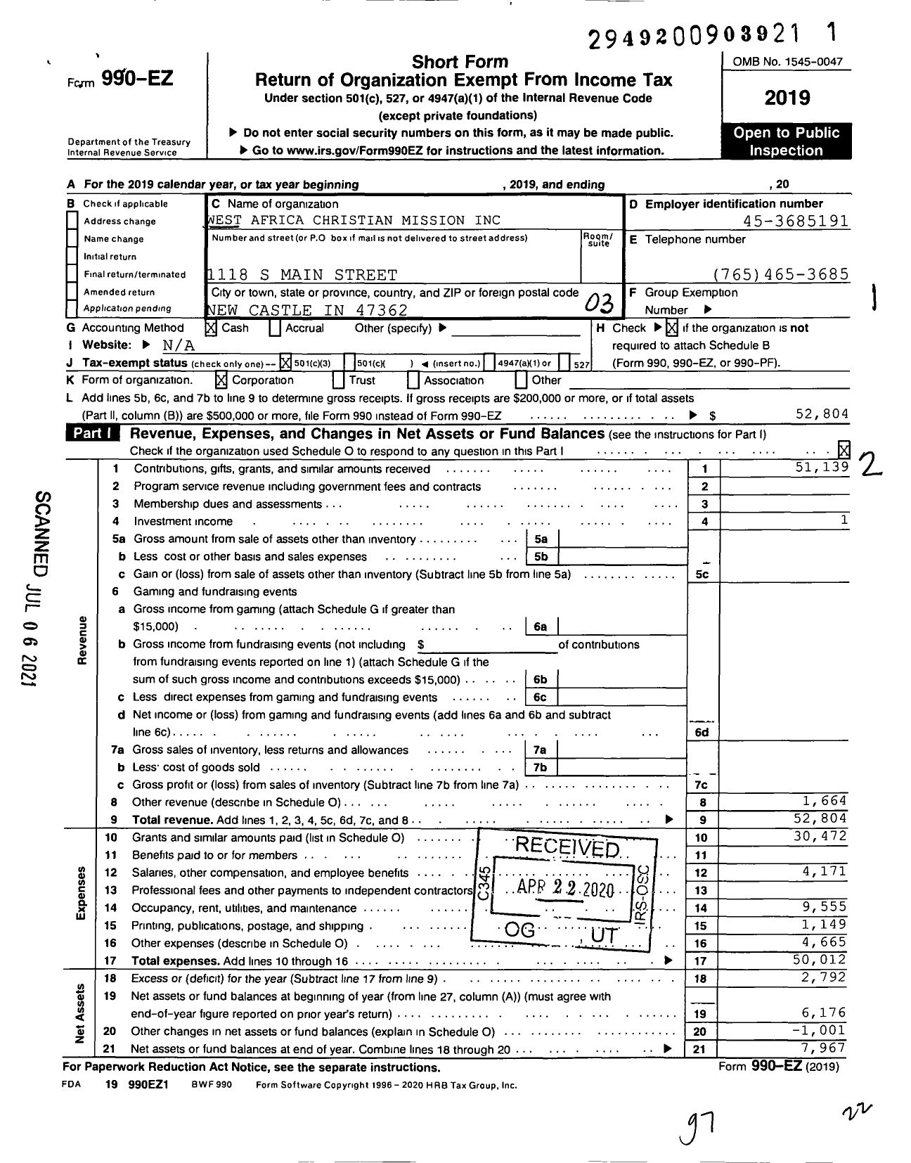 Image of first page of 2019 Form 990EZ for West Africa Christian Mission