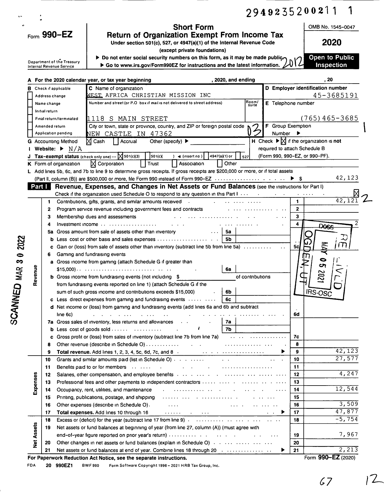 Image of first page of 2020 Form 990EZ for West Africa Christian Mission