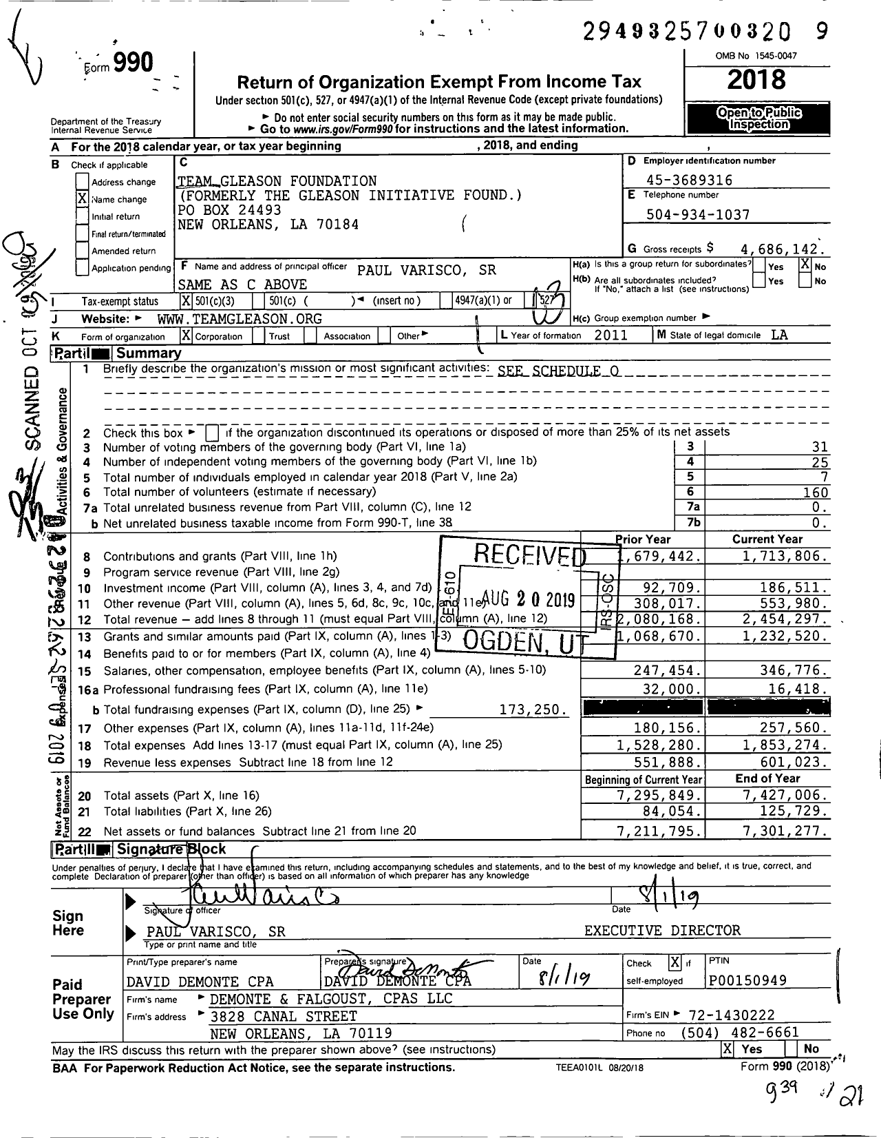 Image of first page of 2018 Form 990 for Team Gleason Foundation