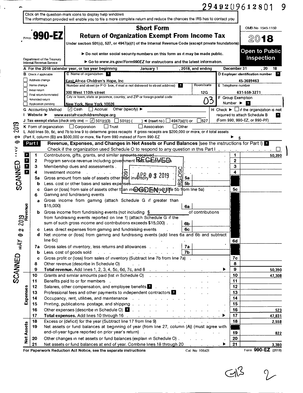 Image of first page of 2018 Form 990EZ for East Africa Childrens Hope