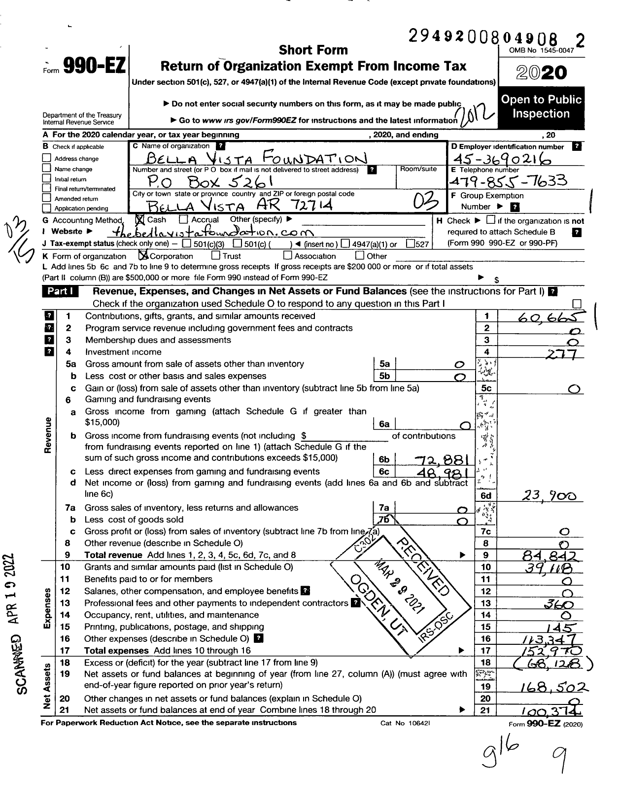 Image of first page of 2020 Form 990EZ for Bella Vista Foundation