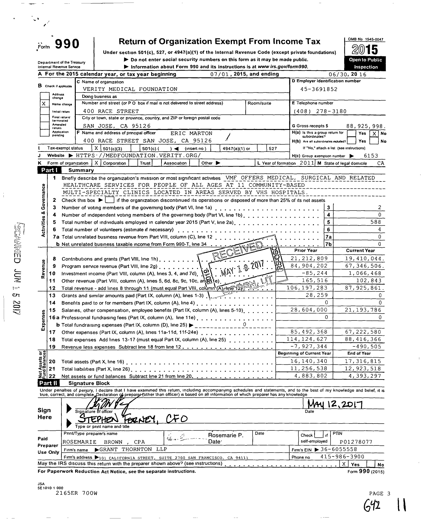 Image of first page of 2015 Form 990 for Verity Medical Foundation Howard B Grobstein Liquidating Trustee