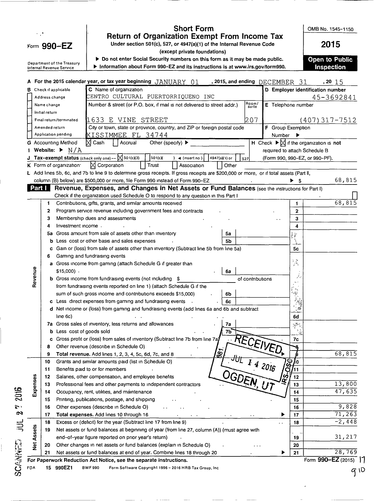 Image of first page of 2015 Form 990EZ for Centro Cultural Puertorriqueno