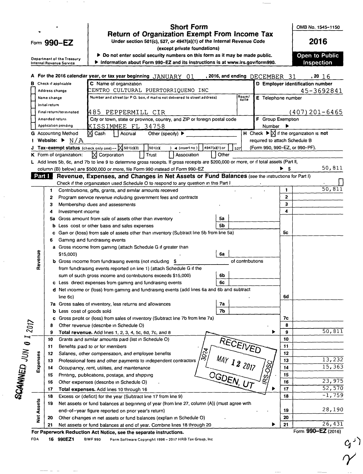 Image of first page of 2016 Form 990EZ for Centro Cultural Puertorriqueno