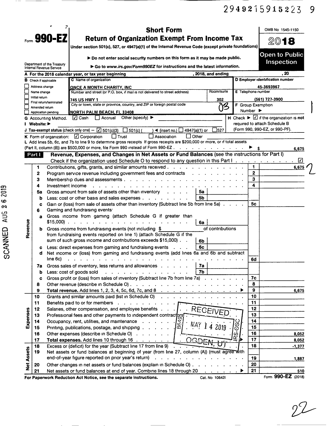 Image of first page of 2018 Form 990EZ for Once A Month Charity