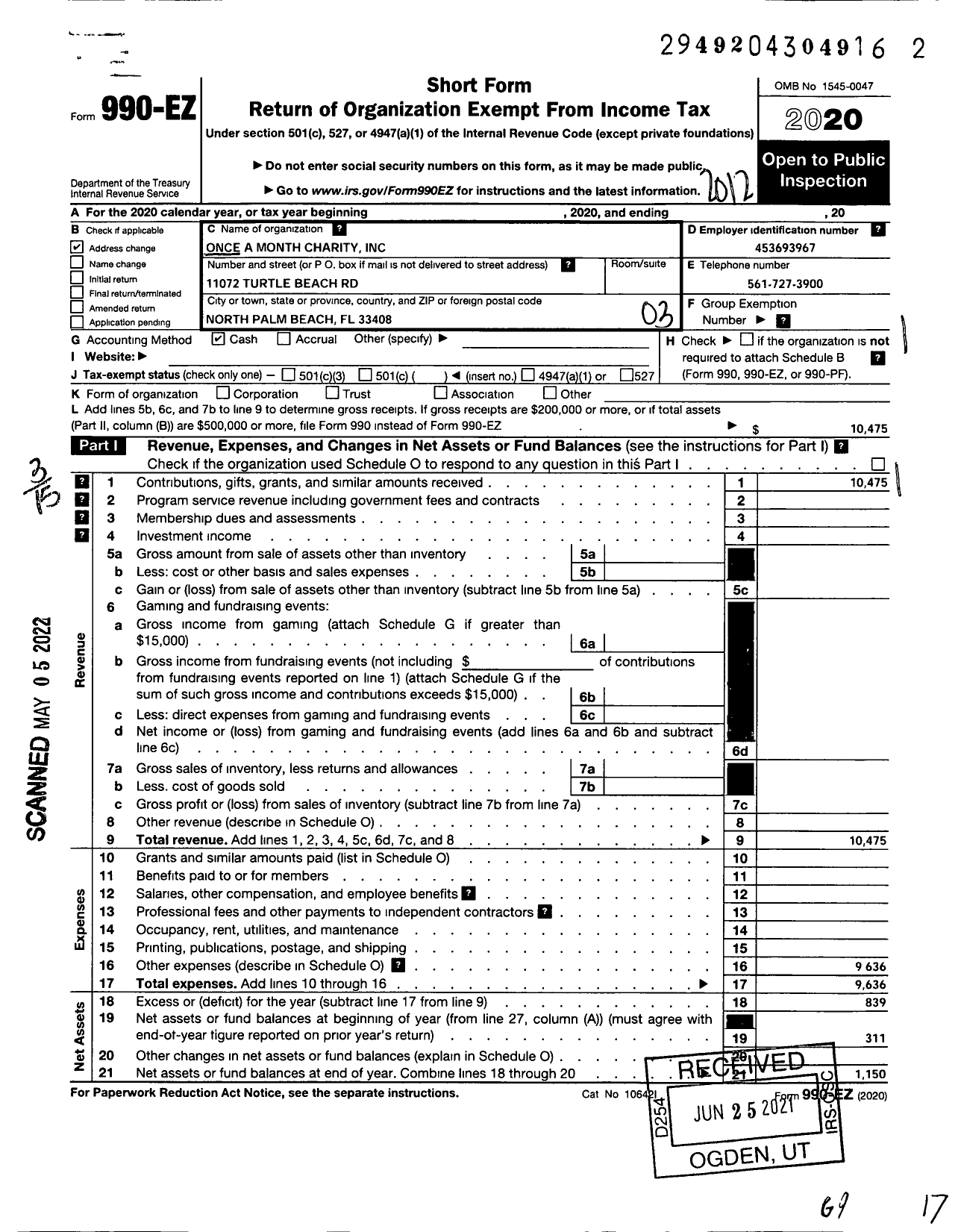 Image of first page of 2020 Form 990EZ for Once A Month Charity