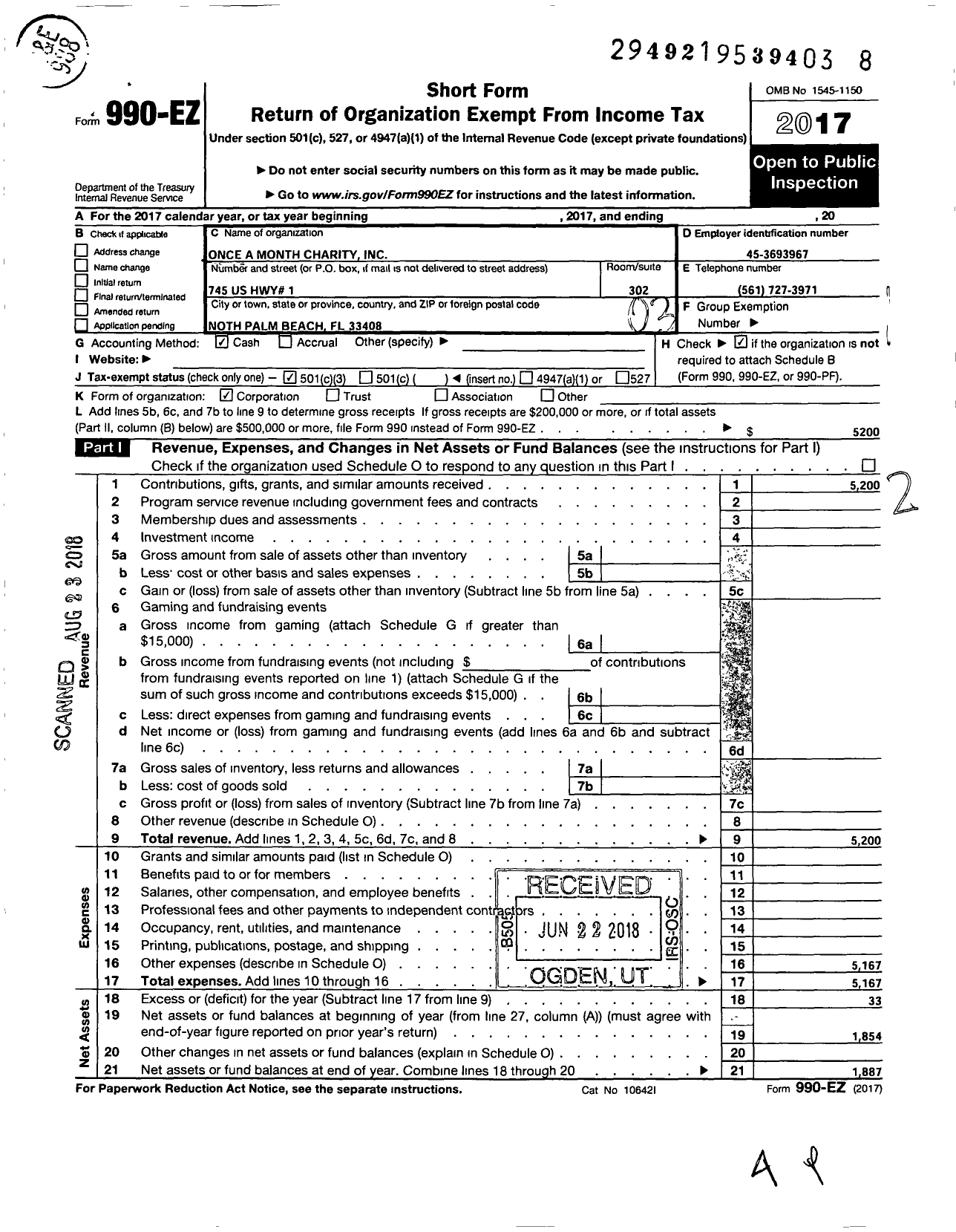 Image of first page of 2017 Form 990EZ for Once A Month Charity