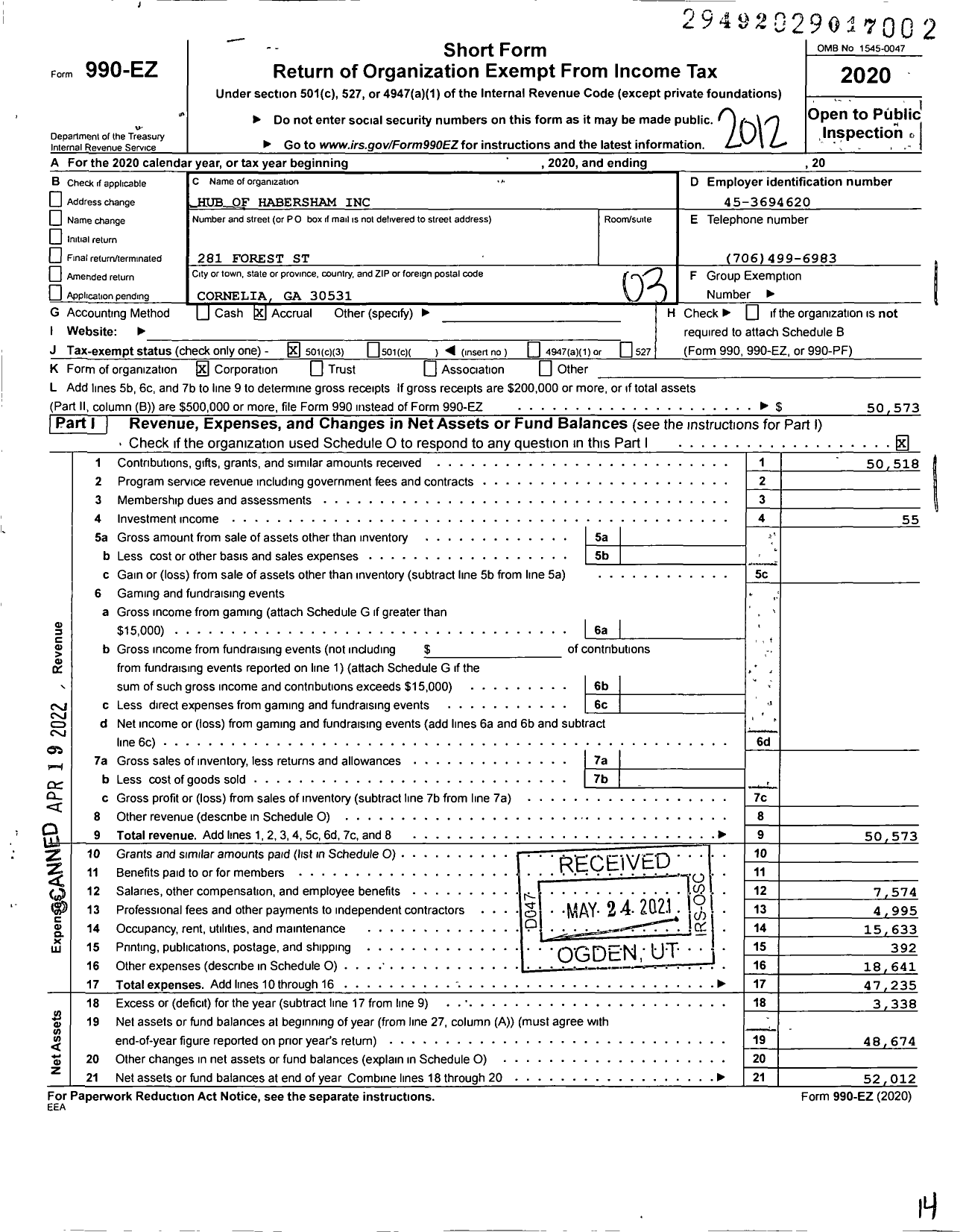 Image of first page of 2020 Form 990EZ for Hub of Habersham