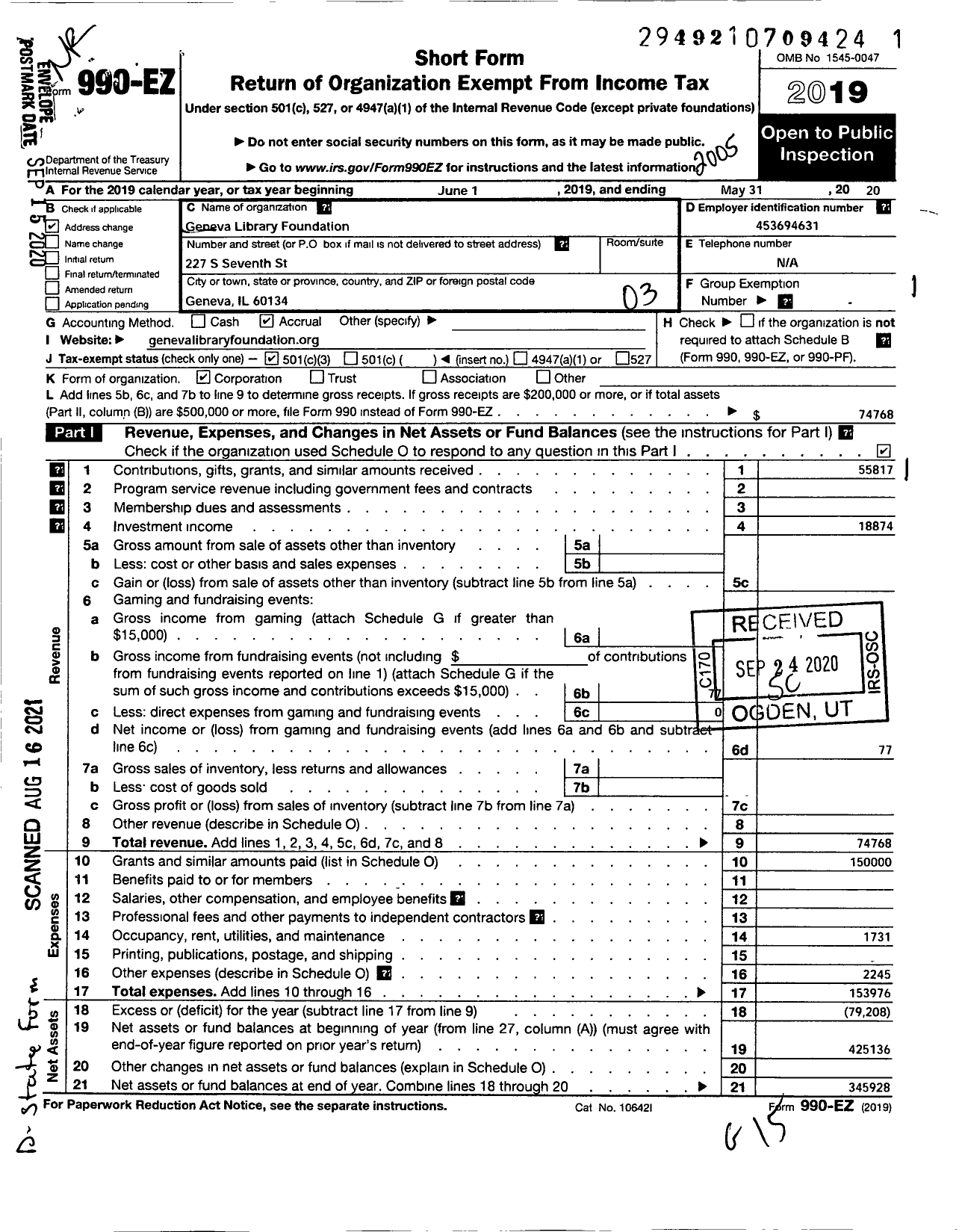 Image of first page of 2019 Form 990EZ for Geneva Library Foundation