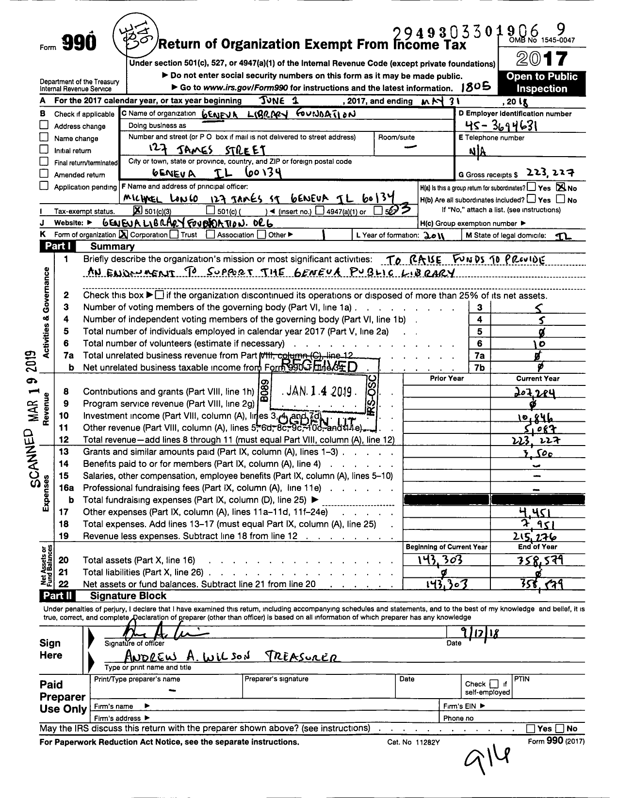 Image of first page of 2017 Form 990 for Geneva Library Foundation