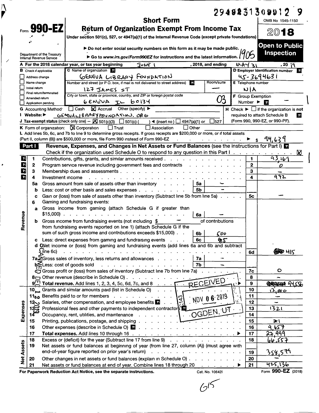 Image of first page of 2018 Form 990EZ for Geneva Library Foundation