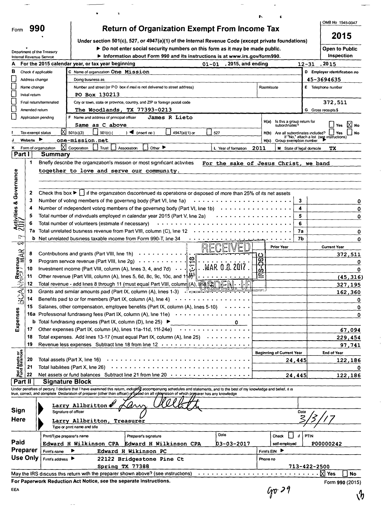 Image of first page of 2015 Form 990 for One Mission