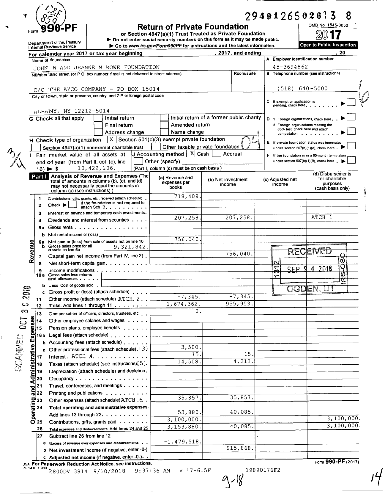 Image of first page of 2017 Form 990PF for John W and Jeanne M Rowe Foundation