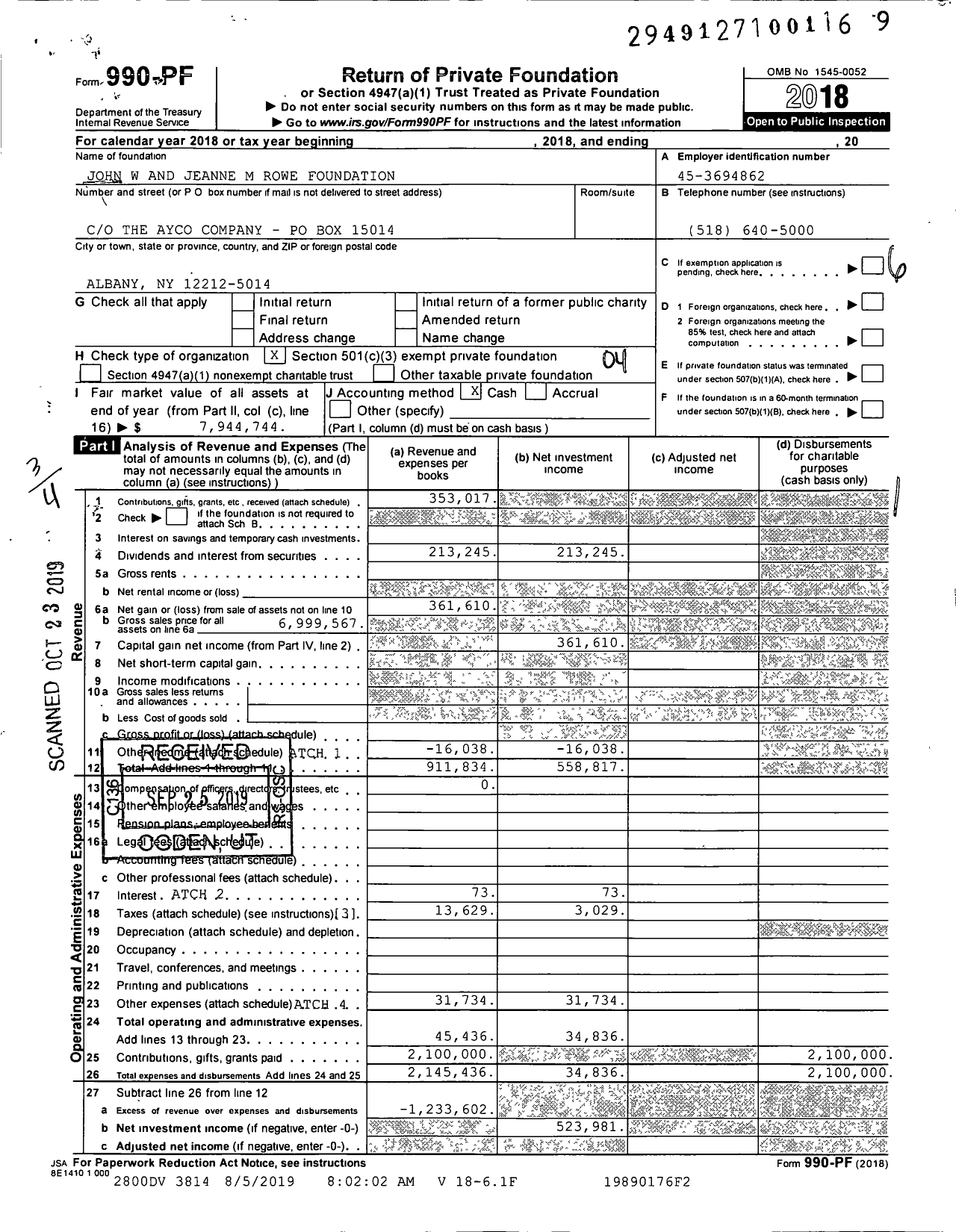 Image of first page of 2018 Form 990PF for John W and Jeanne M Rowe Foundation