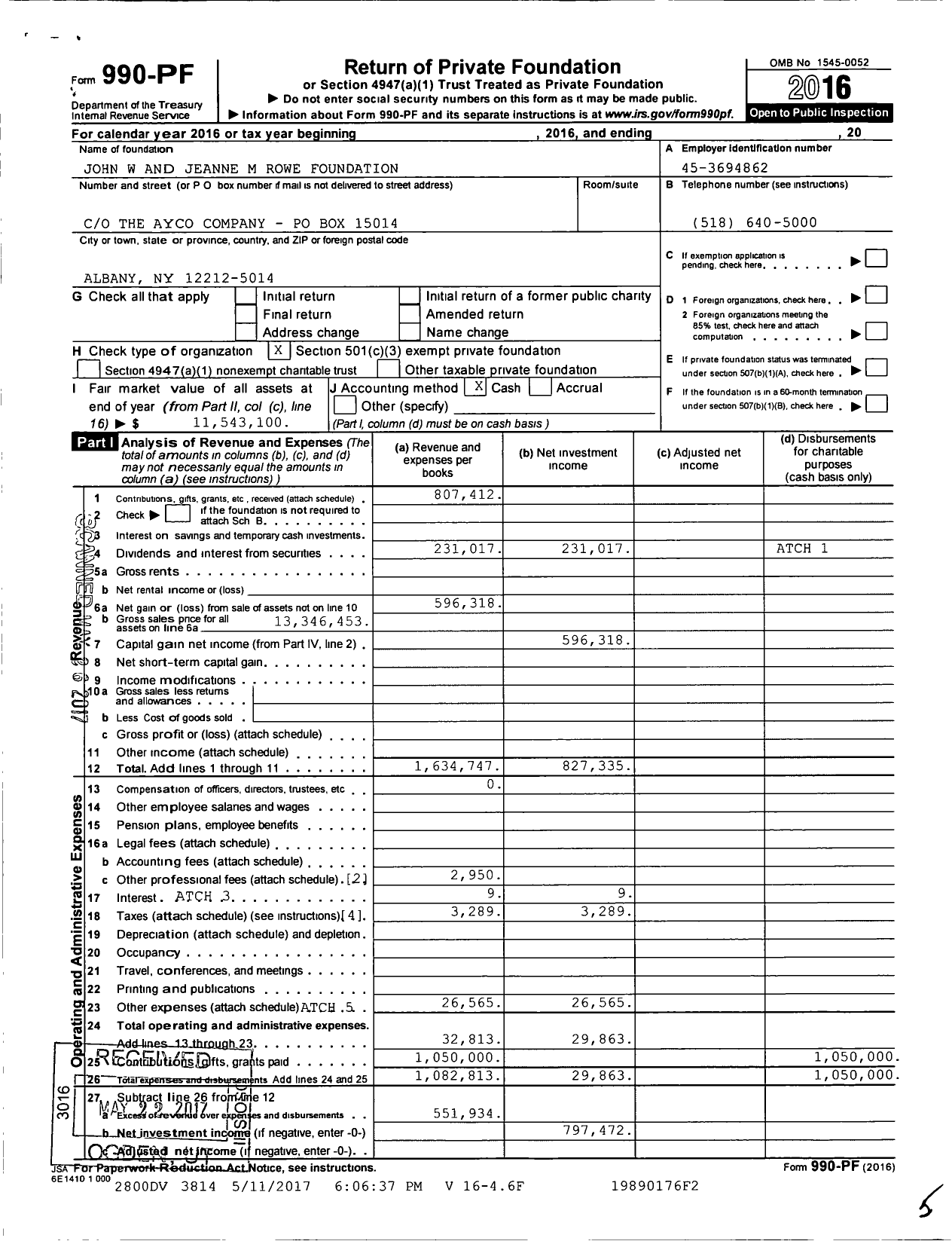 Image of first page of 2016 Form 990PF for John W and Jeanne M Rowe Foundation