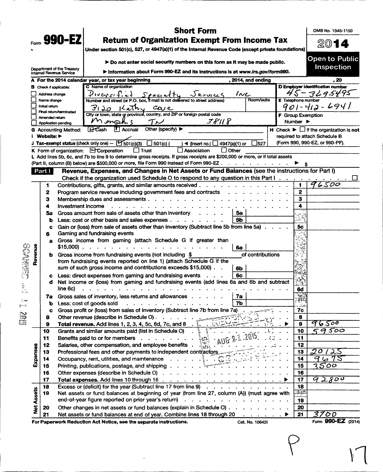 Image of first page of 2014 Form 990EZ for Diversified Specialty Services