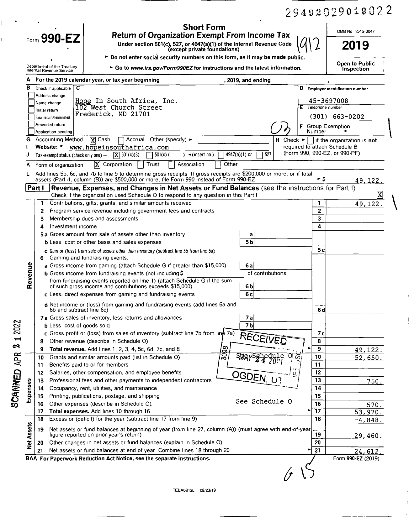 Image of first page of 2019 Form 990EZ for Hope In South Africa