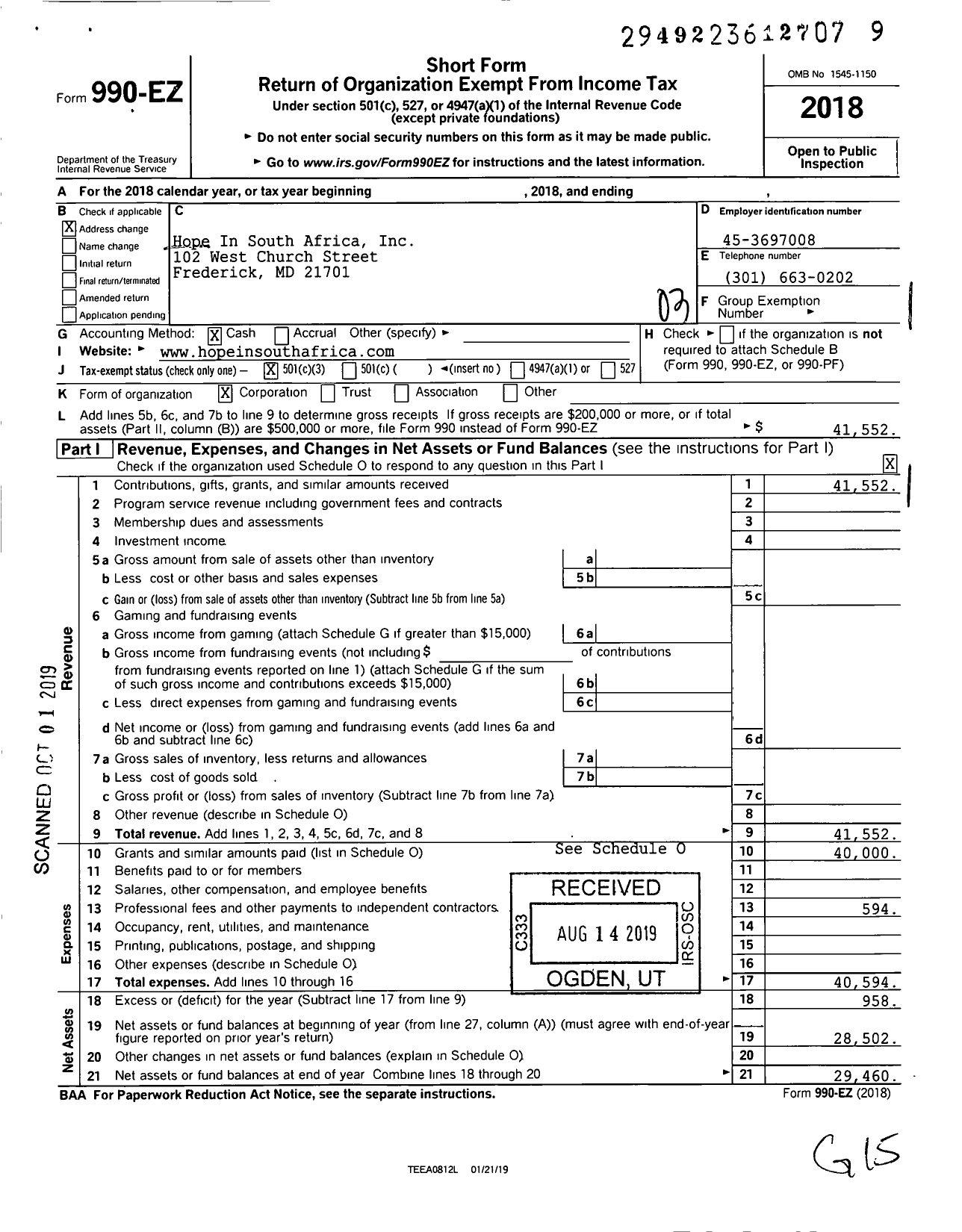 Image of first page of 2018 Form 990EZ for Hope In South Africa