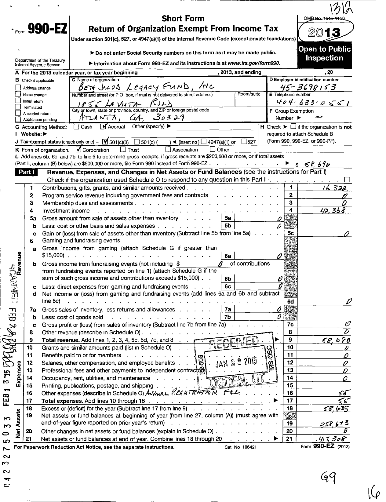 Image of first page of 2013 Form 990EZ for Beth Jacob Legacy Fund