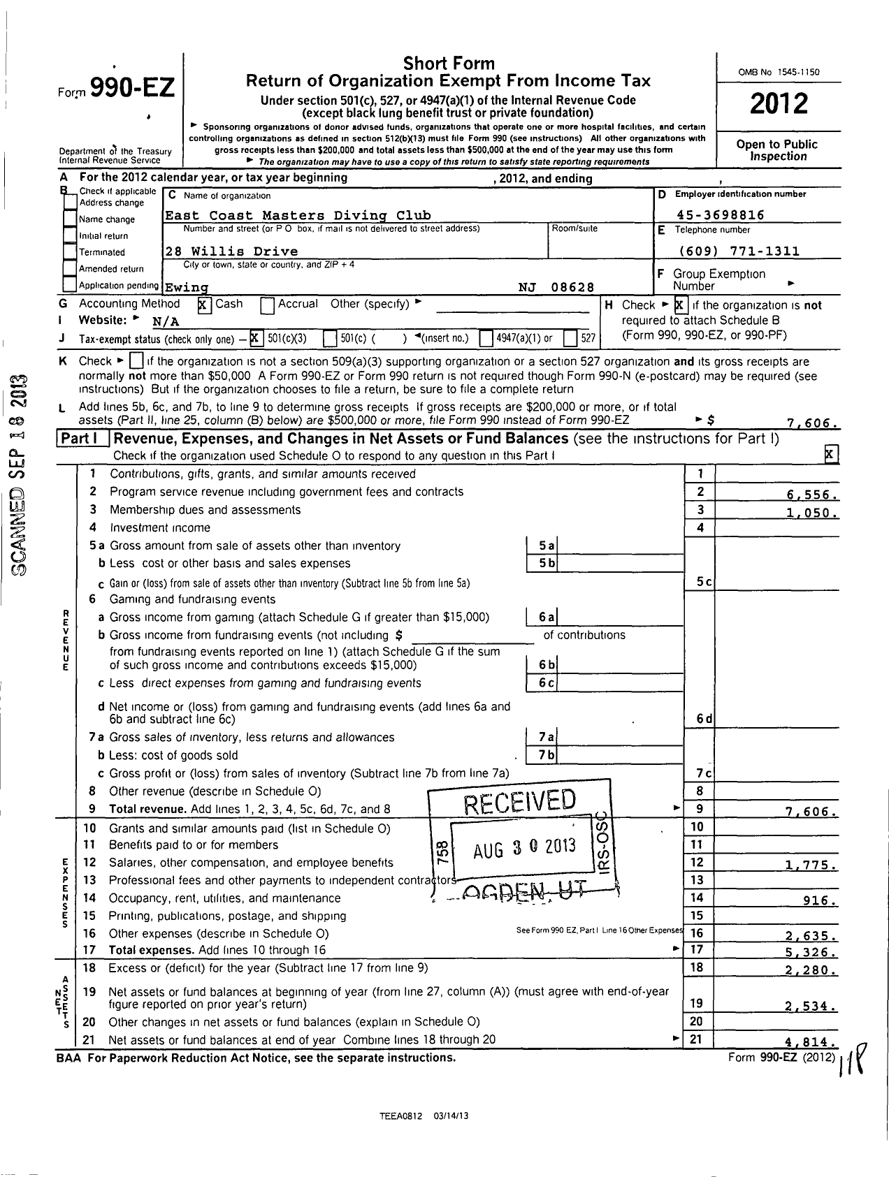 Image of first page of 2012 Form 990EZ for East Coast Masters Diving Club