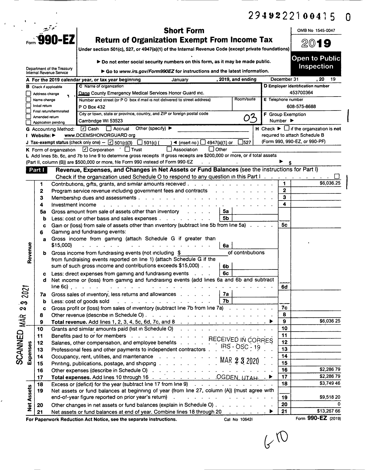 Image of first page of 2019 Form 990EZ for Dane County Emergency Medical Services Honor Guard