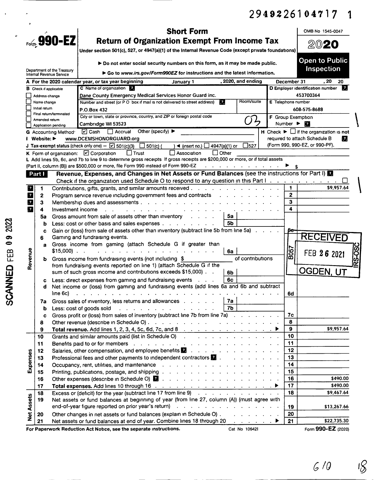 Image of first page of 2020 Form 990EZ for Dane County Emergency Medical Services Honor Guard