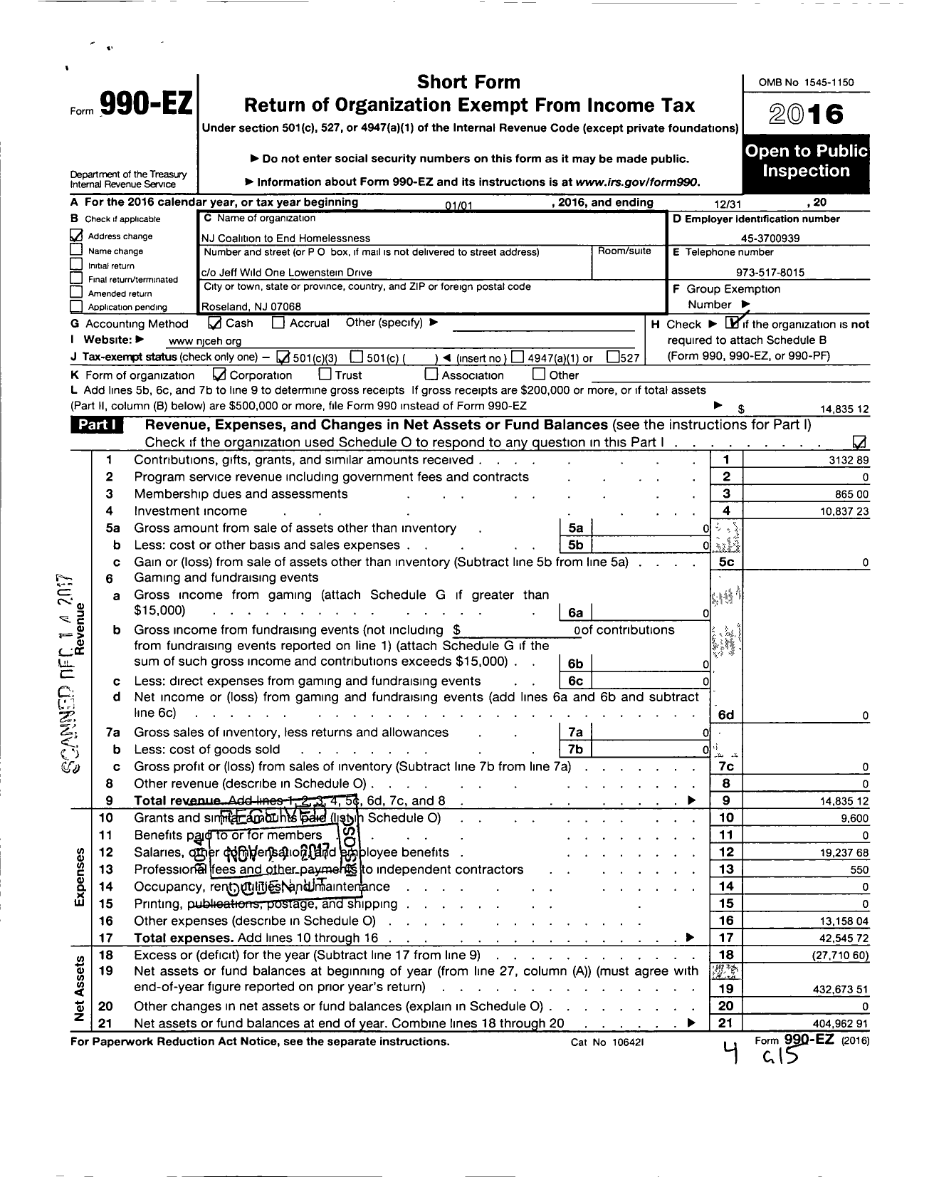 Image of first page of 2016 Form 990EZ for NJ Coalition To End Homelessness