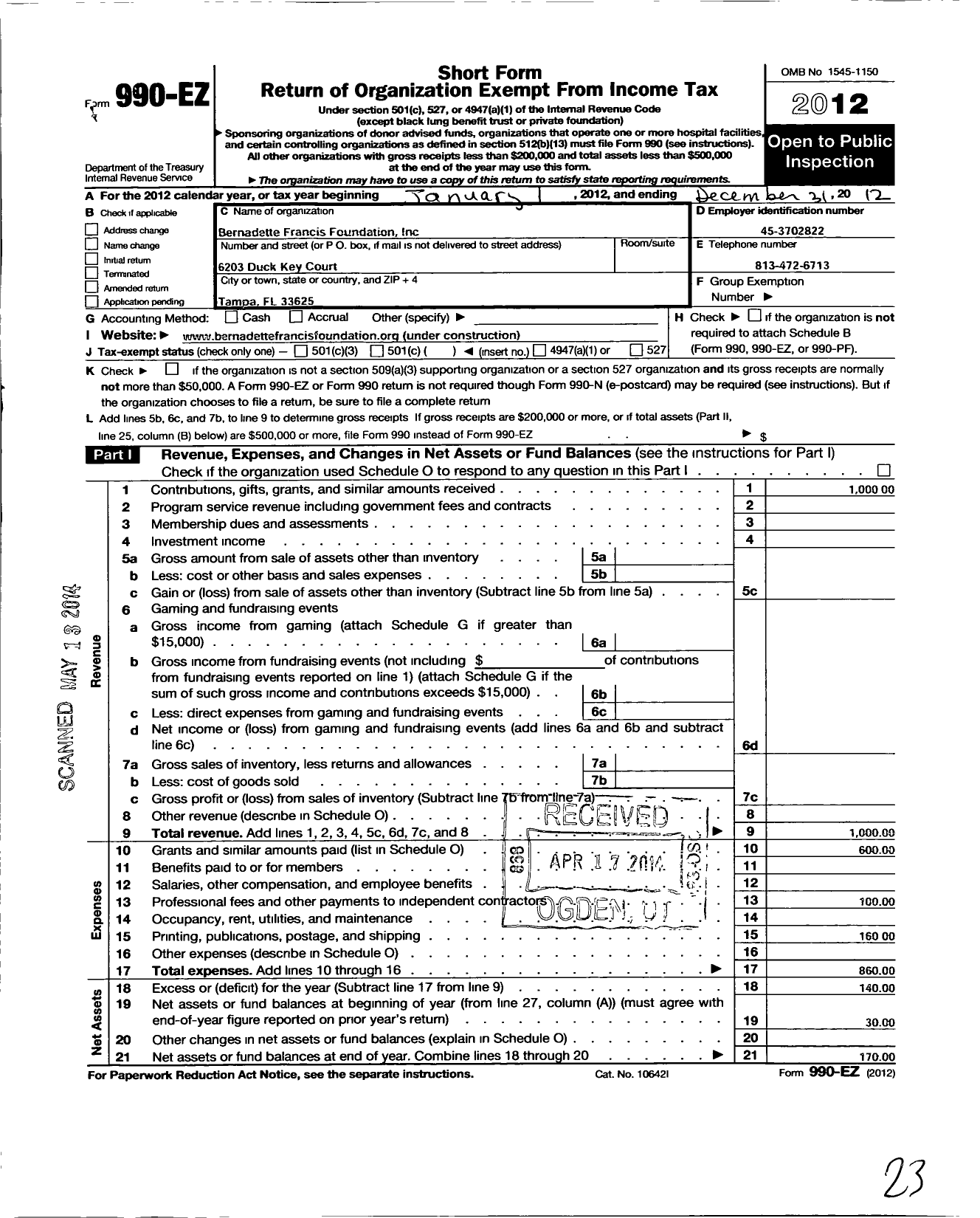 Image of first page of 2012 Form 990EO for Bernadette Francis Foundation