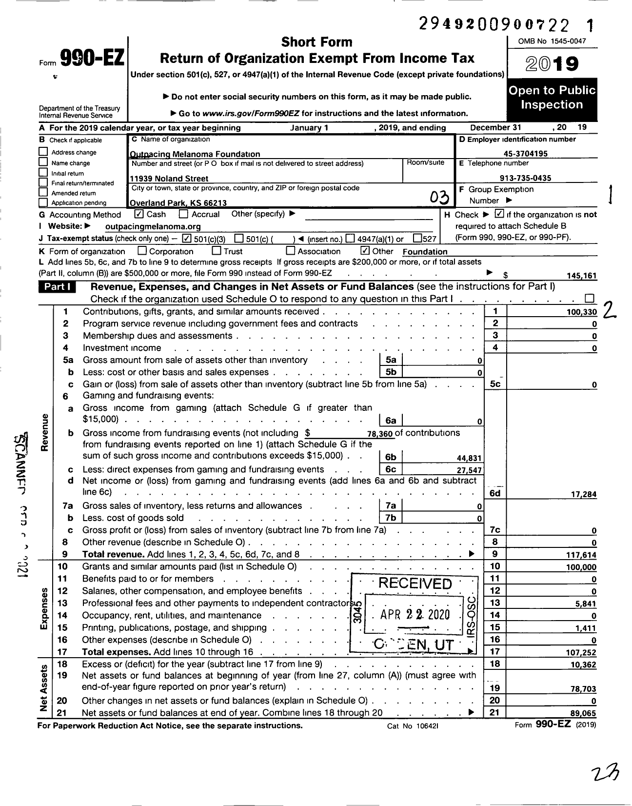 Image of first page of 2019 Form 990EZ for Outpacing Melanoma Foundation