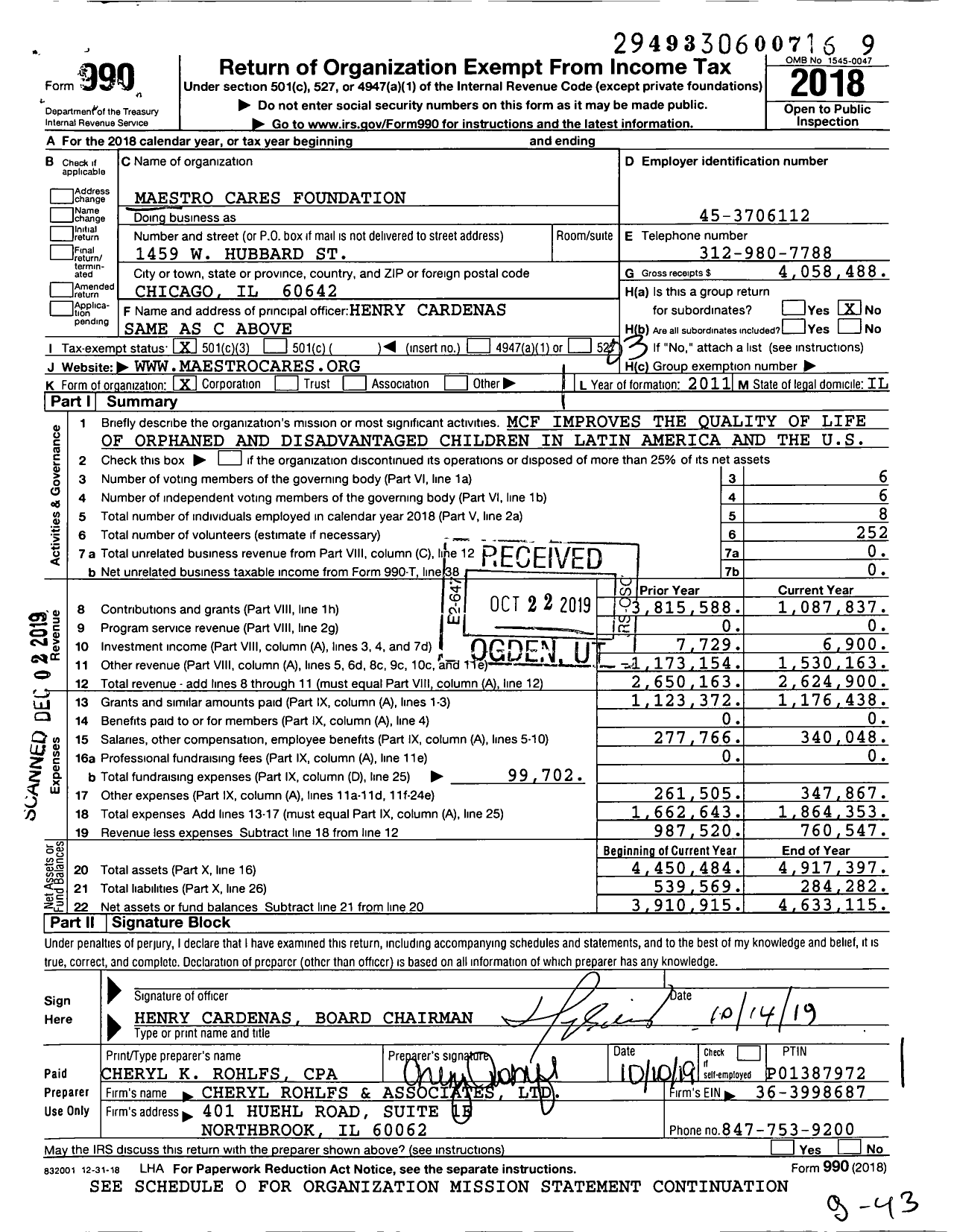 Image of first page of 2018 Form 990 for Maestro Cares Foundation (MCF)