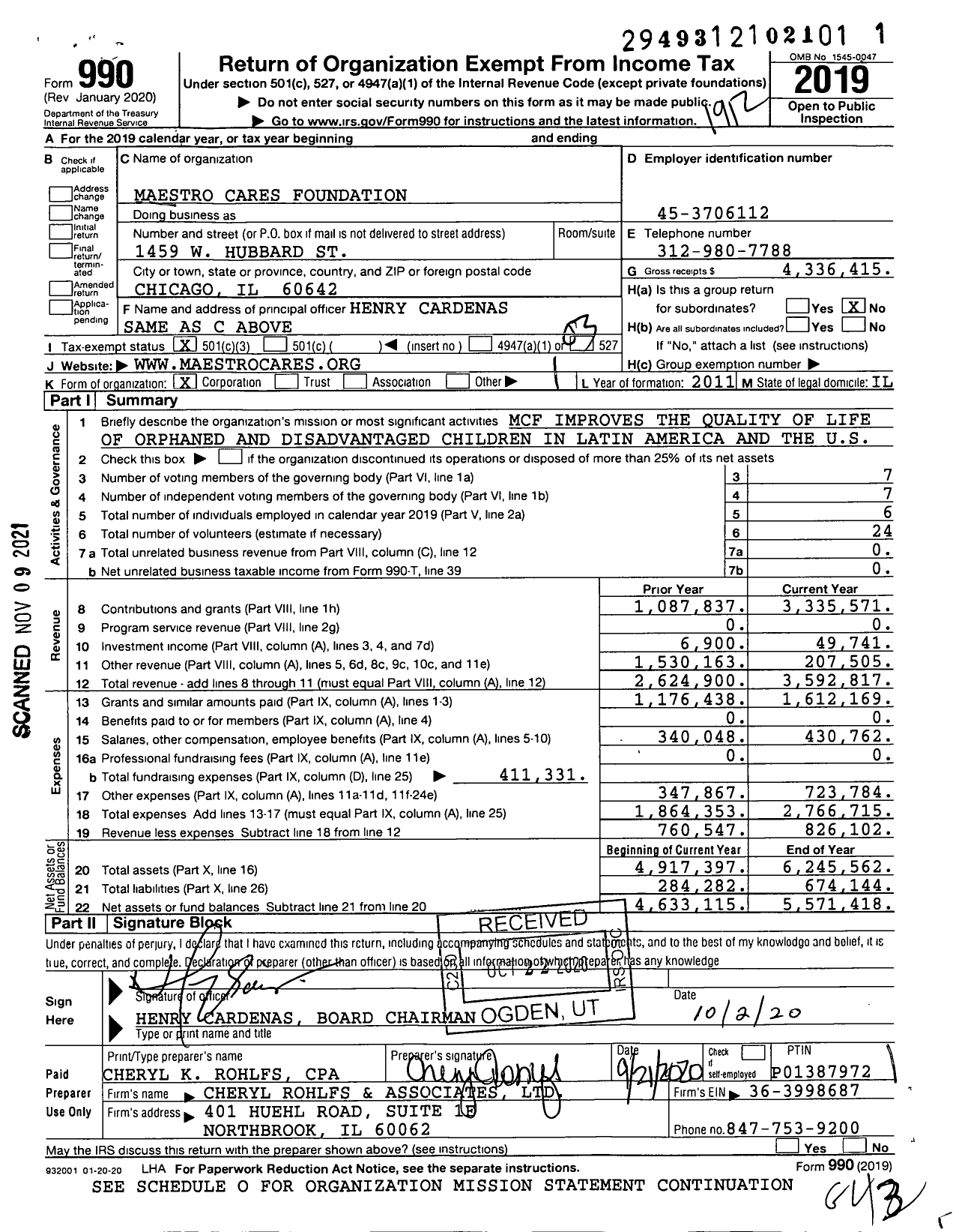 Image of first page of 2019 Form 990 for Maestro Cares Foundation (MCF)