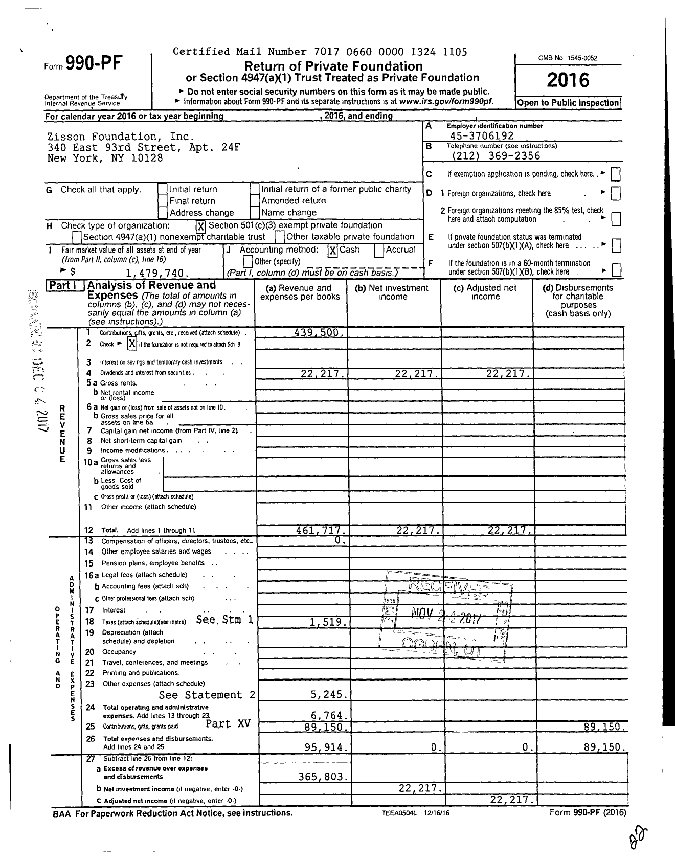 Image of first page of 2016 Form 990PF for Zisson Foundation