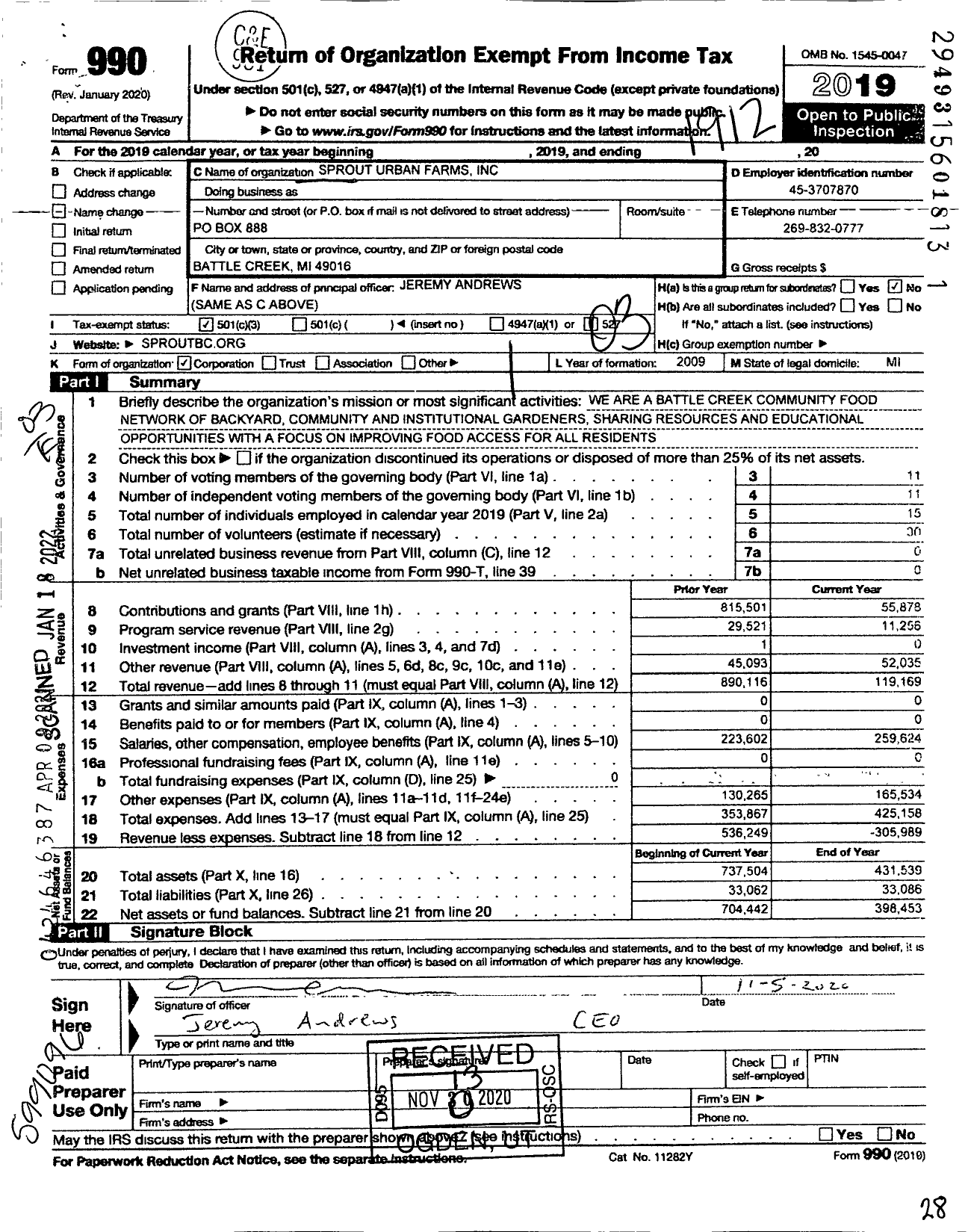 Image of first page of 2019 Form 990 for Sprout Urban Farms