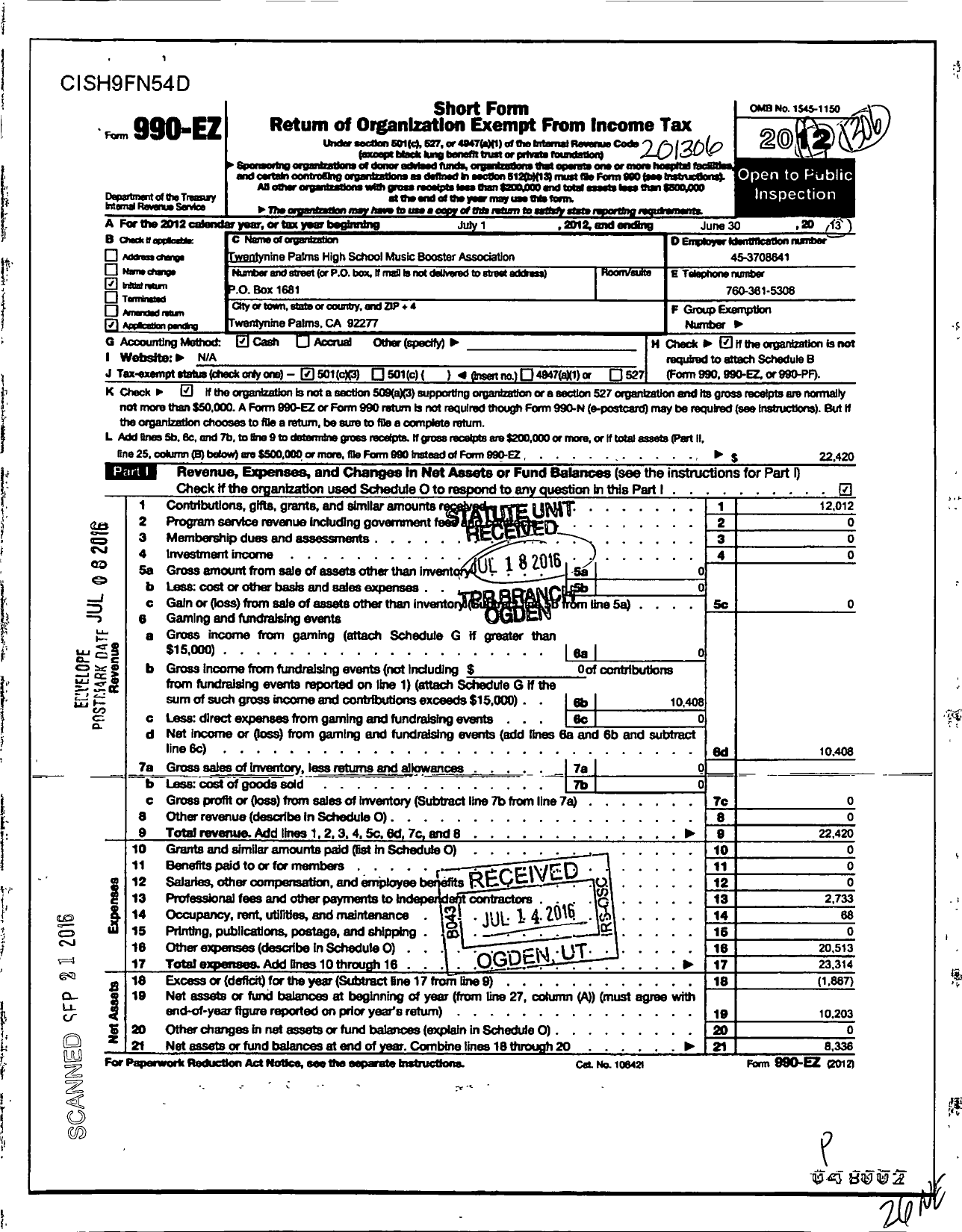 Image of first page of 2012 Form 990EZ for Twentynine Palms High School Music Booster Association