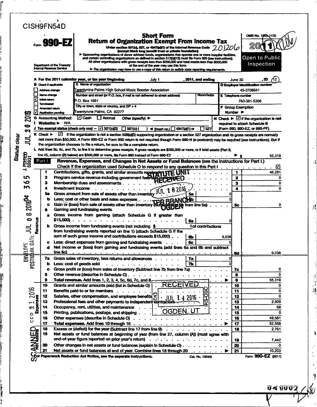 Image of first page of 2011 Form 990EZ for Twentynine Palms High School Music Booster Association