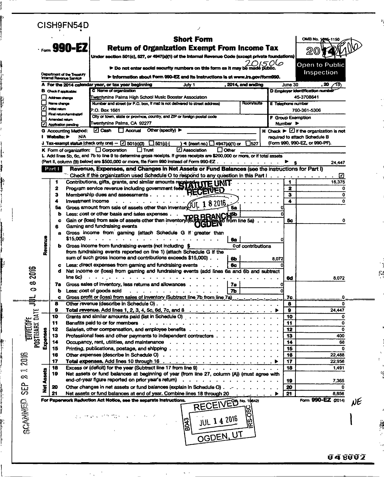 Image of first page of 2014 Form 990EZ for Twentynine Palms High School Music Booster Association