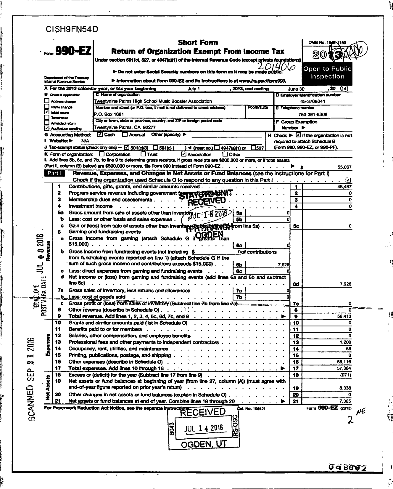 Image of first page of 2013 Form 990EZ for Twentynine Palms High School Music Booster Association