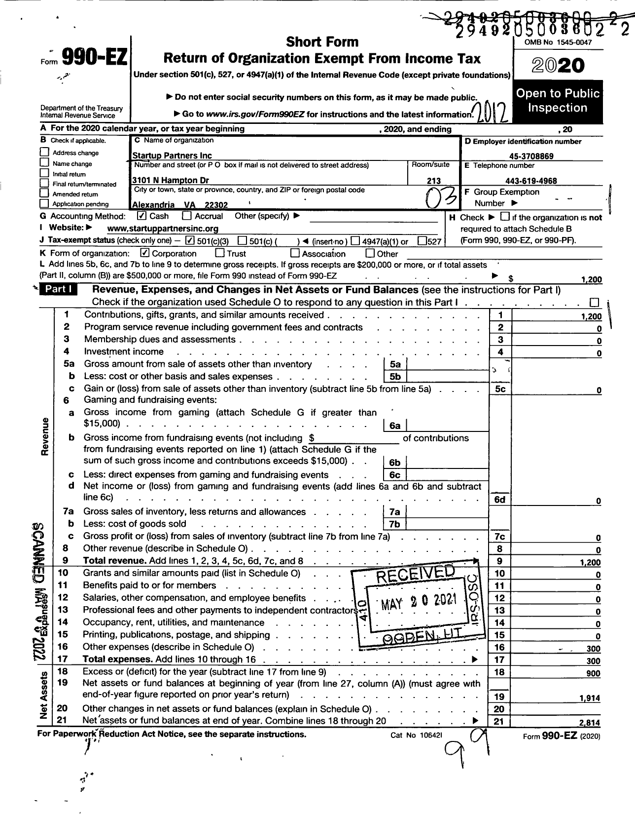 Image of first page of 2020 Form 990EZ for Startup Partners