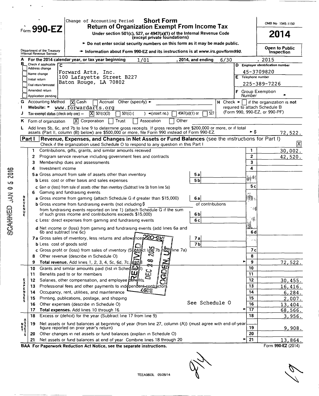 Image of first page of 2014 Form 990EZ for Forward Arts