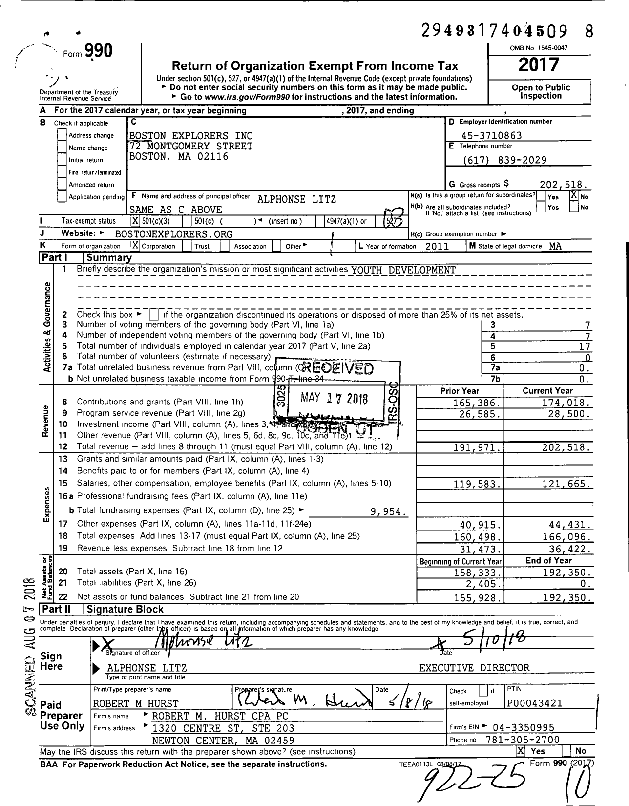 Image of first page of 2017 Form 990 for Boston Explorers