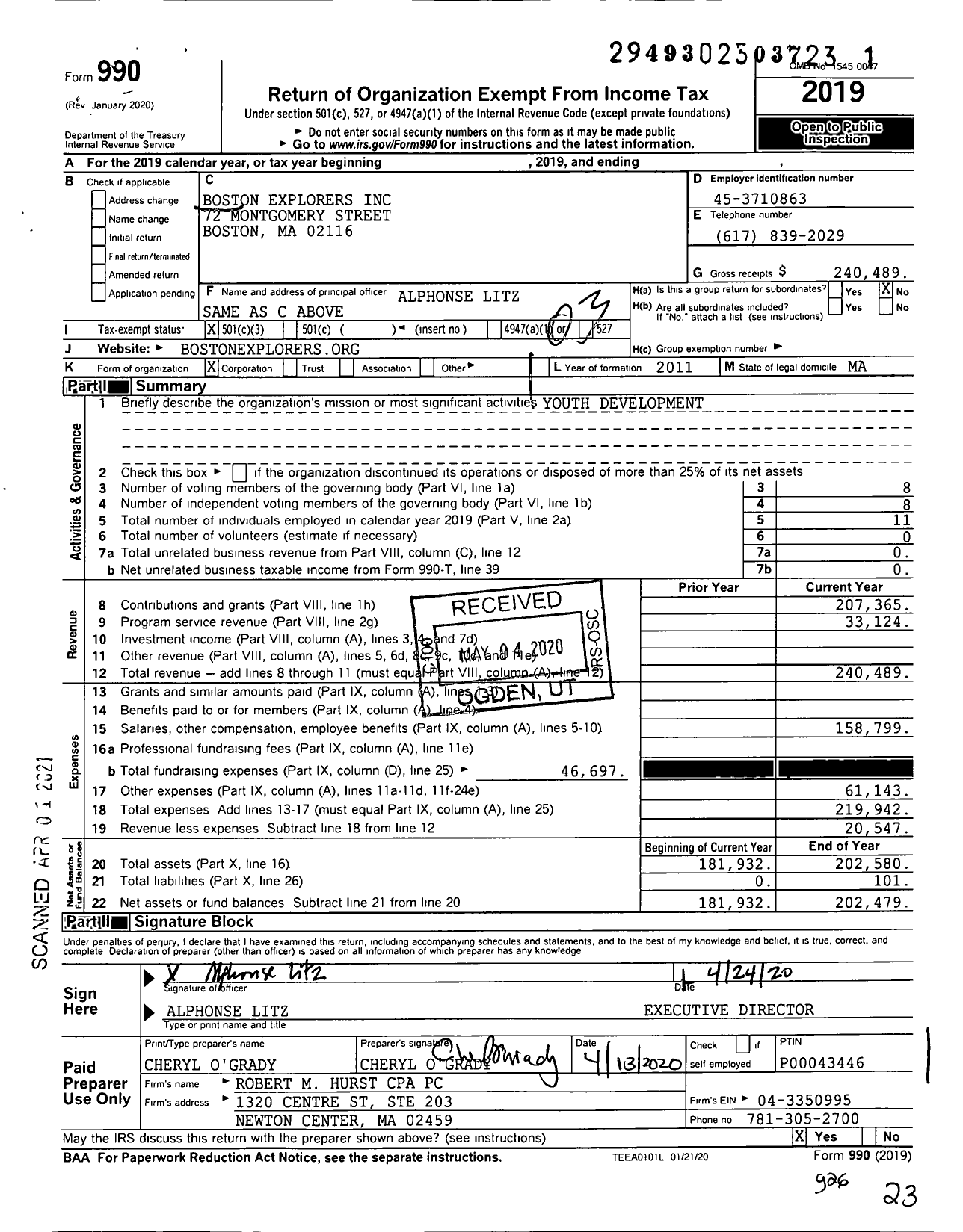 Image of first page of 2019 Form 990 for Boston Explorers