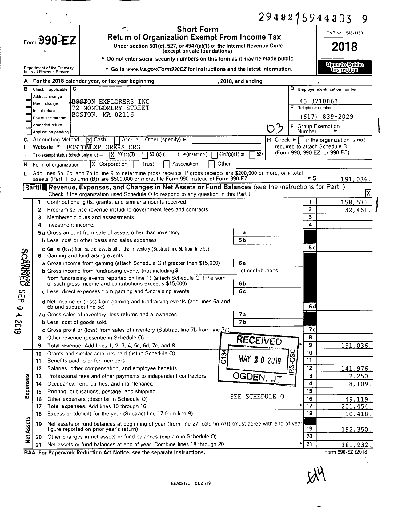 Image of first page of 2018 Form 990EZ for Boston Explorers