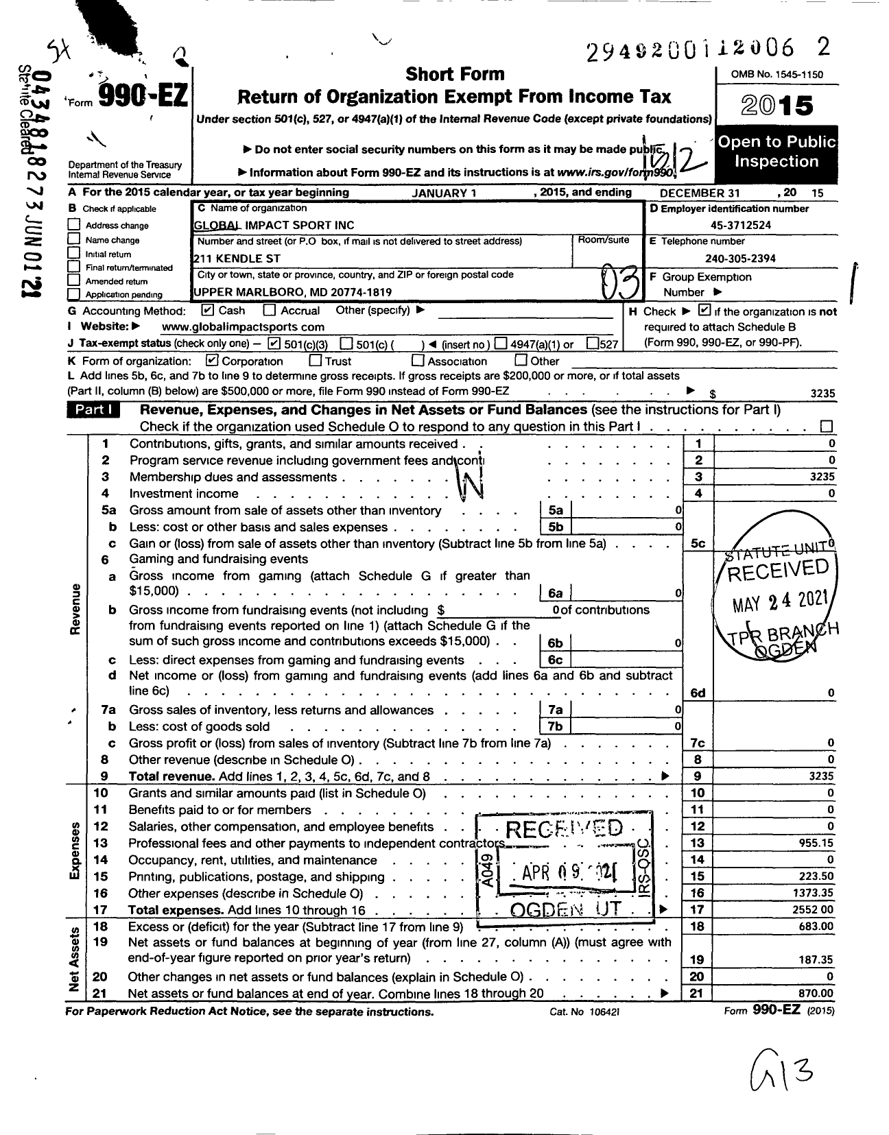Image of first page of 2015 Form 990EZ for Global Impact Sport