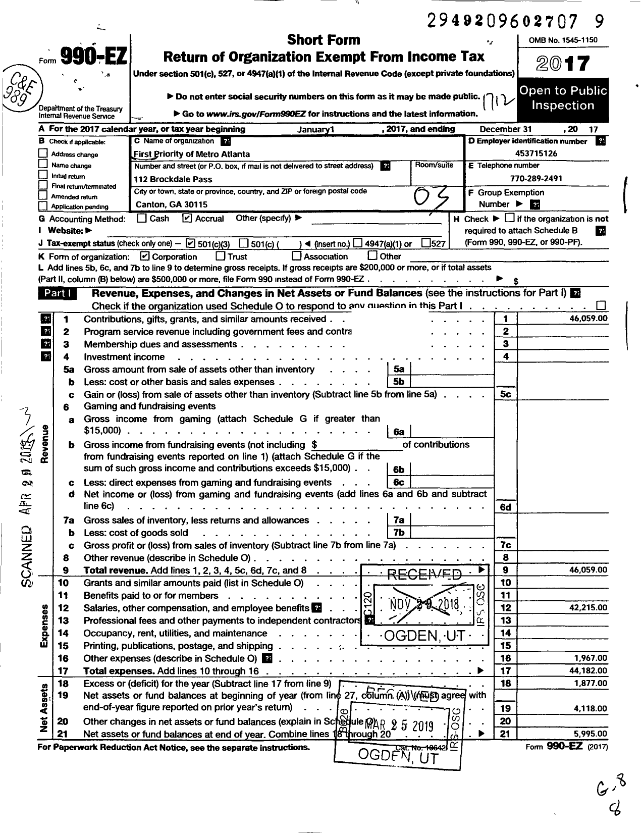 Image of first page of 2017 Form 990EZ for First Priority of Metro Atlanta