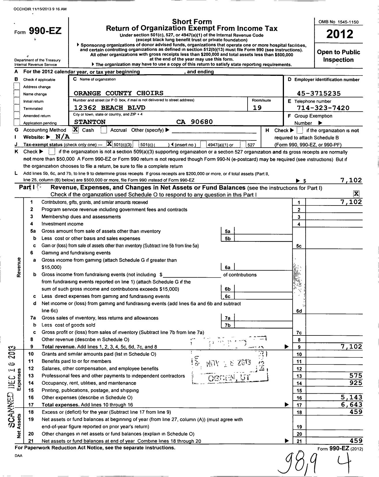 Image of first page of 2012 Form 990EZ for Orange County Choirs