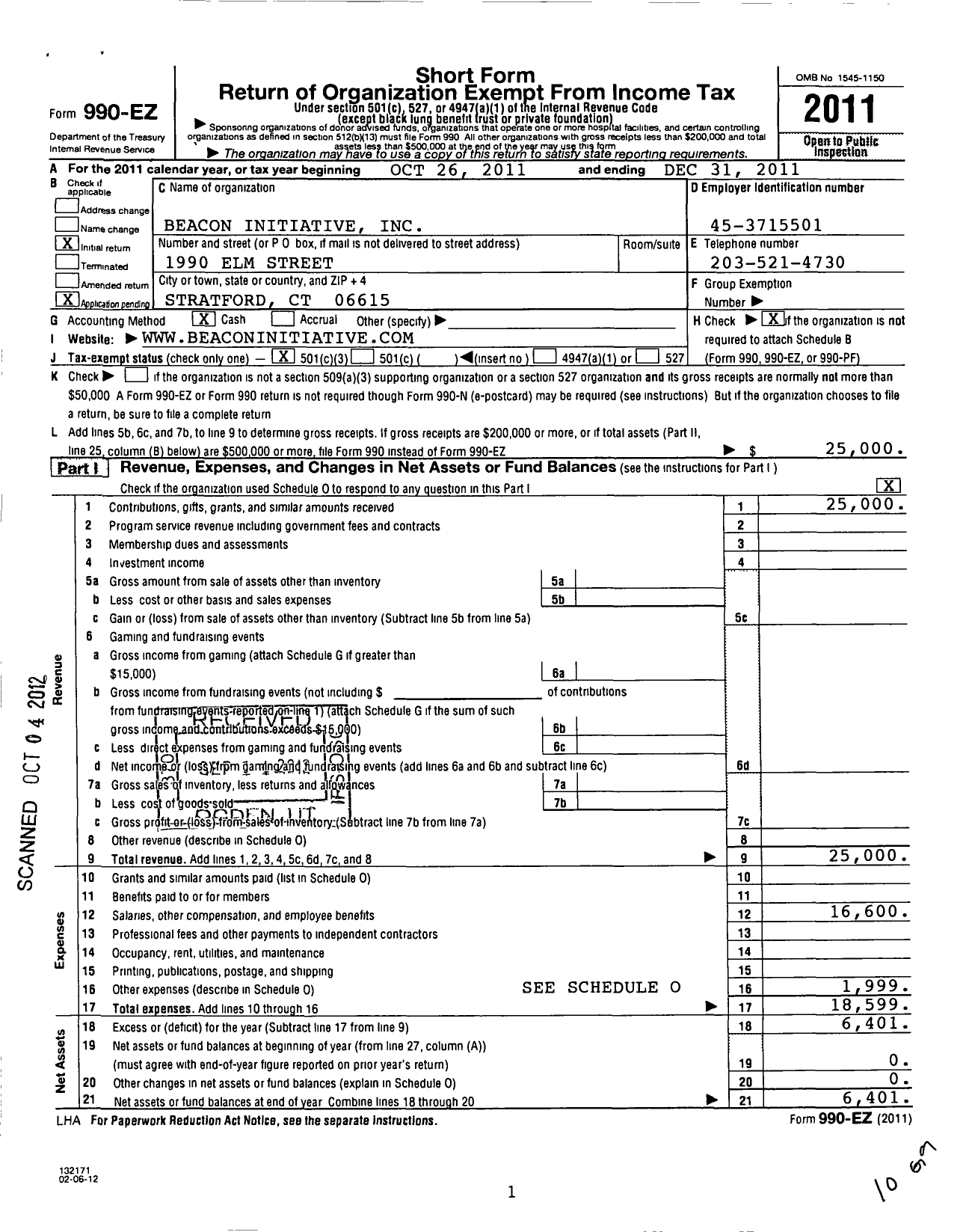 Image of first page of 2011 Form 990EZ for Beacon Initiative