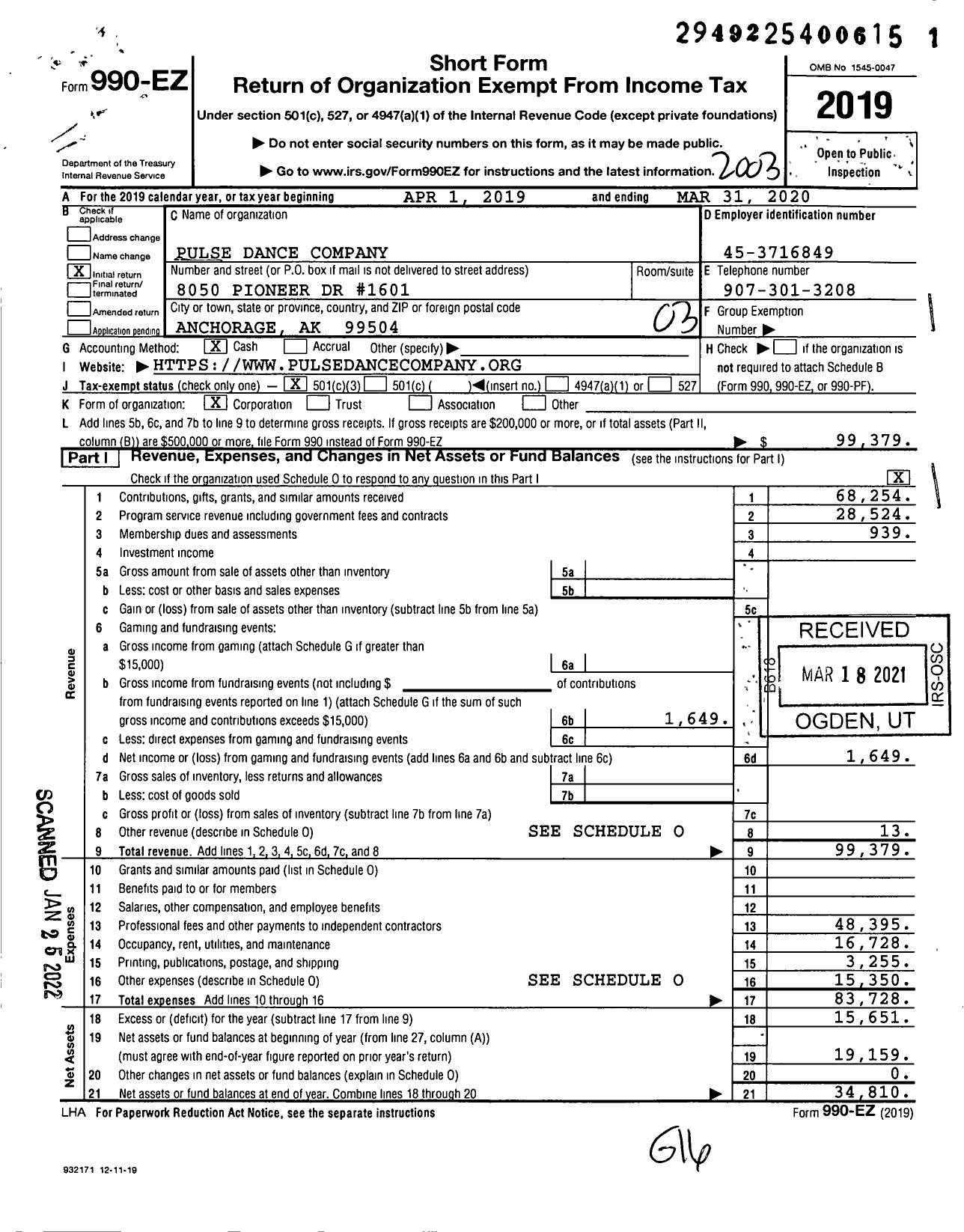 Image of first page of 2019 Form 990EZ for Pulse Dance Company