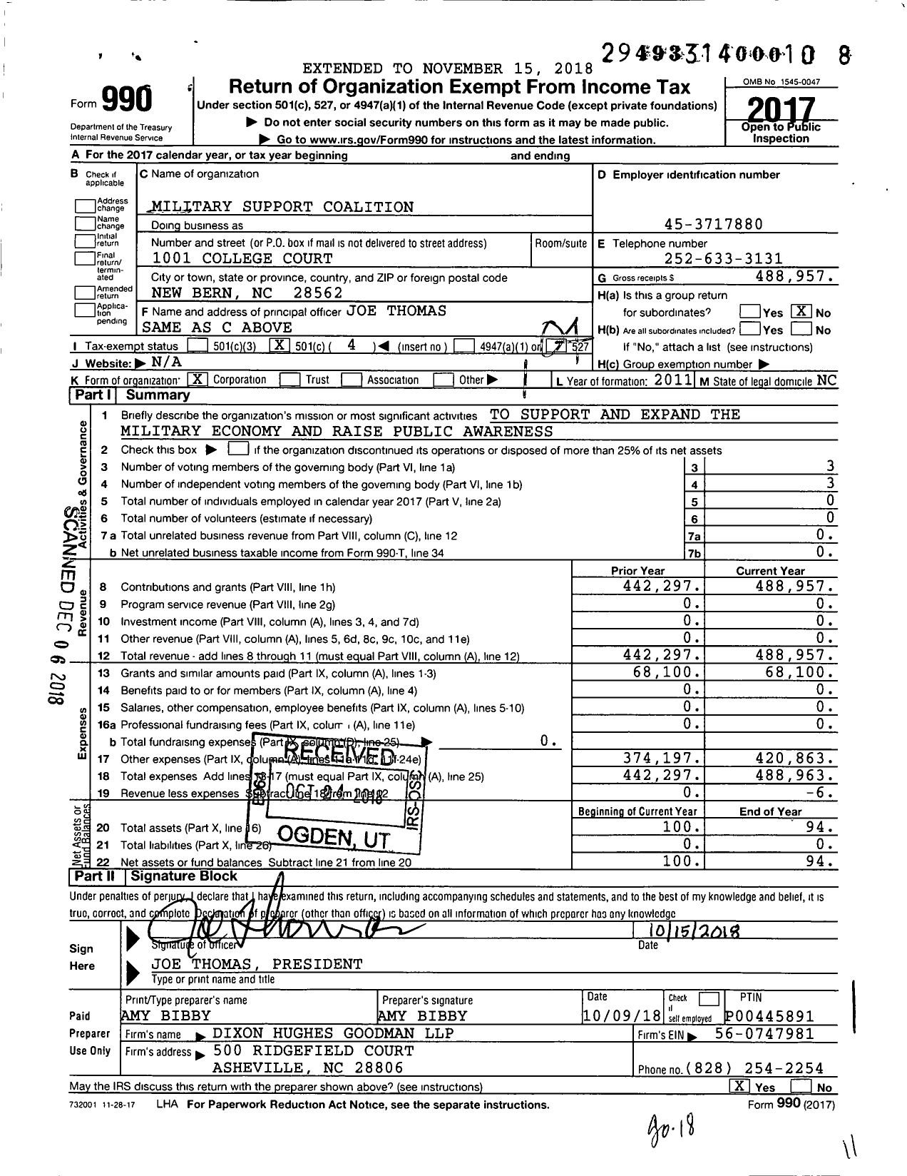 Image of first page of 2017 Form 990O for Military Support Coalition