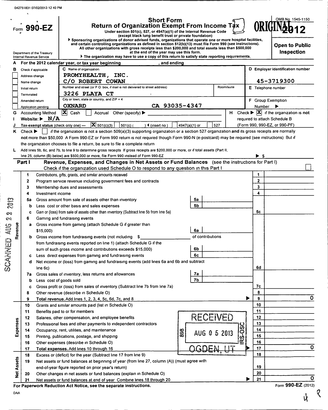 Image of first page of 2012 Form 990EZ for Promyhealth